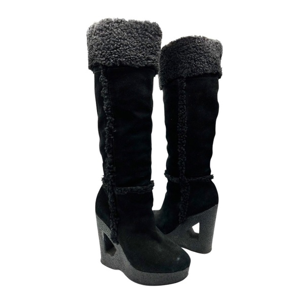 Michael Kors Knee High Suede &‎ Shearling Wedge Cutout Heel Boots - Picture 1 of 15
